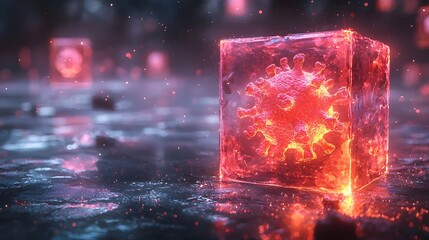 Glowing Digital Virus Box Illustrating Cybersecurity Measures and Data Protection