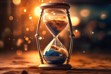 Sand timer with sand in it is sitting on a table. The sand timer is a symbol of time and the sand represents the passing of time. The image has a dreamy, nostalgic mood