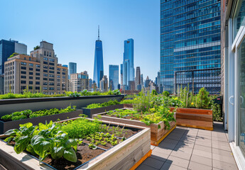 Fototapeta premium Lush plants and raised beds fill a rooftop garden overlooking the stunning New York City skyline under clear blue skies