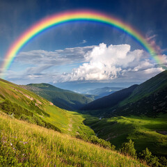 A beautiful rainbow arching over back of a mountain valley