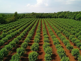 Aerial view of a neat, cultivated farmland with green trees and red soil