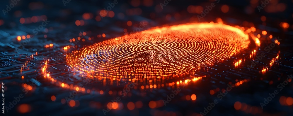 Wall mural glowing biometric fingerprint scanner with swirling code symbolizing cybersecurity in the digital ag