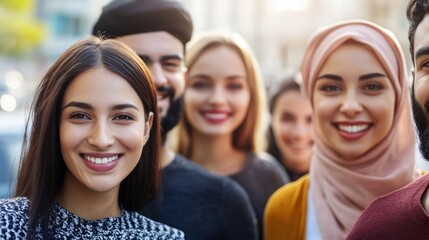 Fototapeta premium Smiling faces from diverse cultures, warm and welcoming expressions, celebrating unity and connection. 