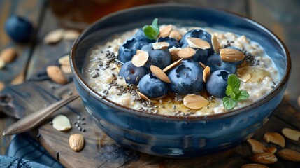 Delicious bowl of healthy breakfast featuring fresh blueberries, granola, and yogurt, a nutritious meal rich in antioxidants, perfect for diet, wellness, and food photography