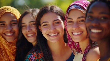 Fototapeta premium Smiling faces from diverse cultures, warm and welcoming expressions, celebrating unity and connection. 