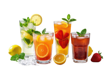 Fototapeta premium Refreshing Summer Fruit Iced Teas, A Vibrant Mix Of Lemon, Strawberry, And Orange, Perfectly Chilled And Garnished With Fresh Mint, Creating A Delightful Summer Beverage Isolated on Transparent Backgr