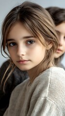 Naklejka premium Portrait of a young girl with soft features and natural expression in a cozy indoor setting