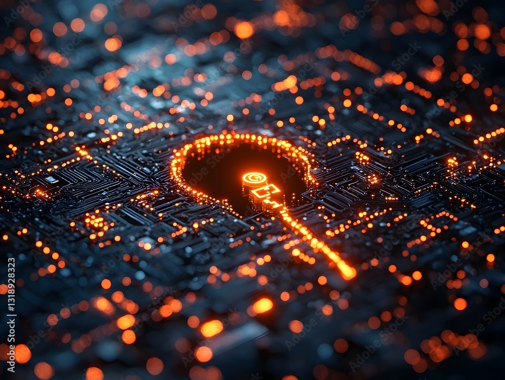 Poster glowing keyhole in encrypted digital grid symbolizing secured access and cybersecurity concept