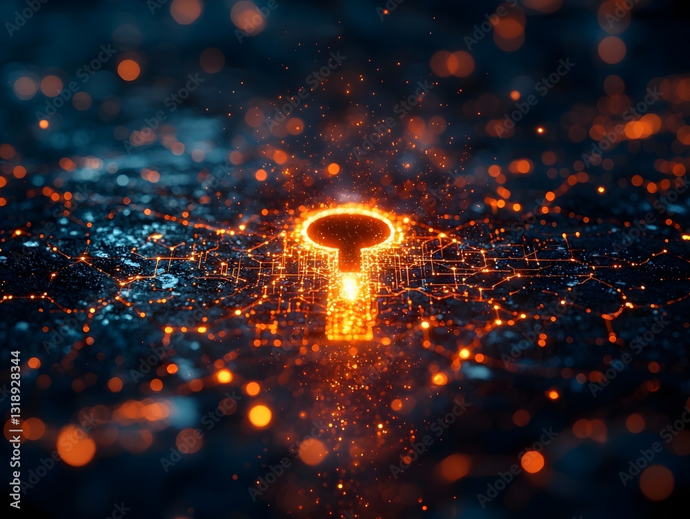 Poster glowing digital keyhole surrounded by encrypted patterns symbolizing secured cybersecurity access