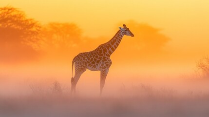 Fototapeta premium Majestic giraffe in golden sunrise mist