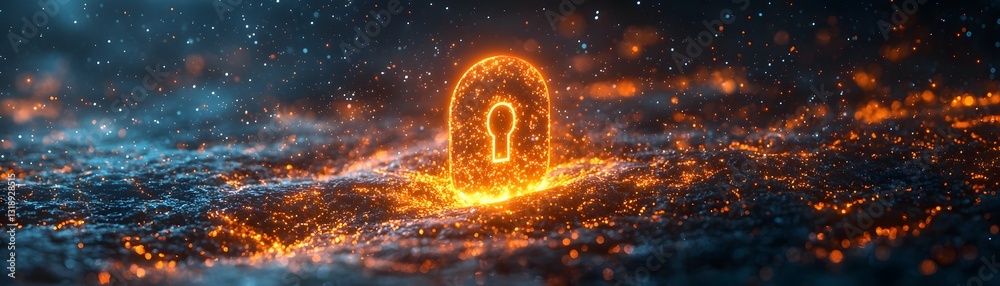 Poster holographic password unlocking secure data system with glowing lock and flowing cybersecurity elemen