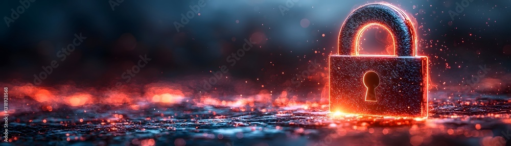 Poster holographic password entered into glowing digital lock cybersecurity concept with secure data stream