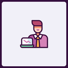 Stylish cartoon data analyst analyzing a trend graph in modern office space