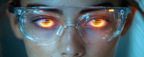 Cybersecurity Analyst Monitors Glowing Threat Alerts in Glasses for Mitigating Risks in Futuristic Interface