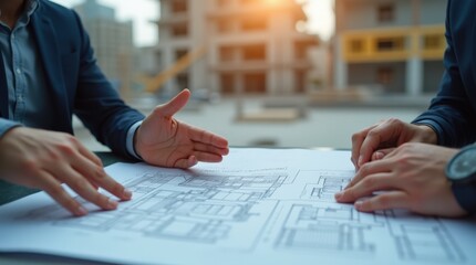 Construction Planning Discussions at Sunset With Blueprints and Professionals