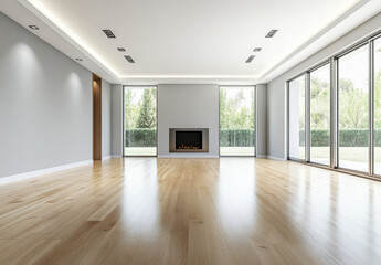Obraz premium A large, empty modern room features smooth wooden flooring, tall windows, and a stylish fireplace, inviting creativity and comfort
