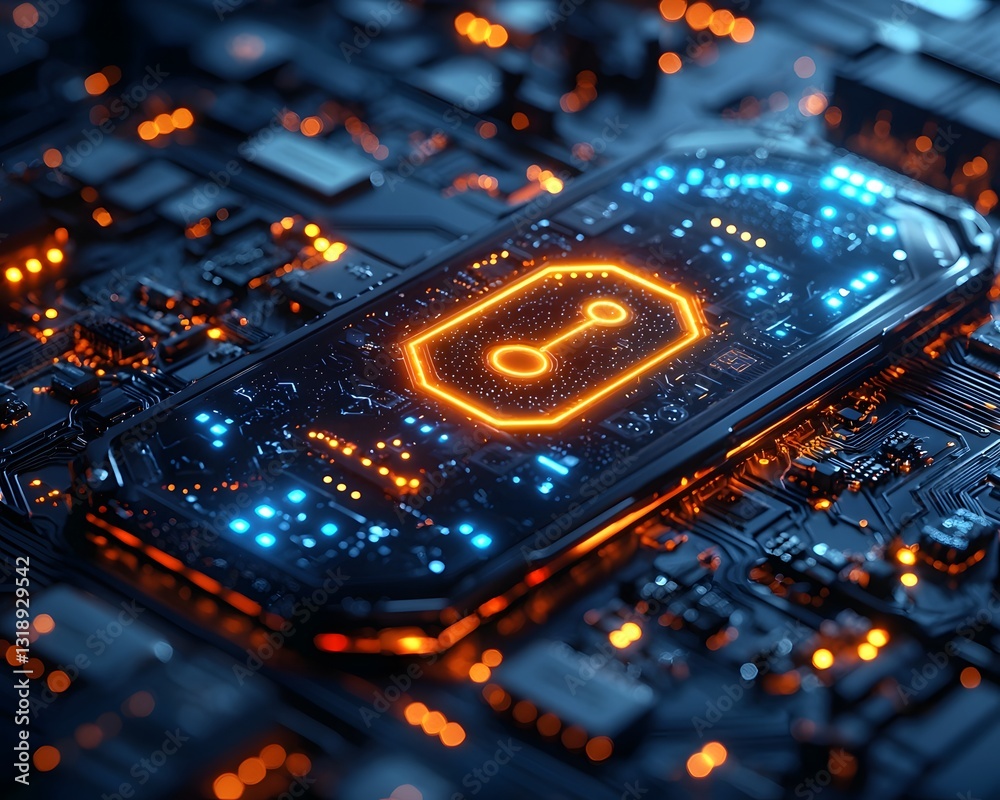 Poster futuristic holographic key device symbolizing secure digital access and user authentication