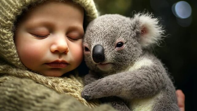 Baby schl&auml;ft eng an einen Koala gekuschelt