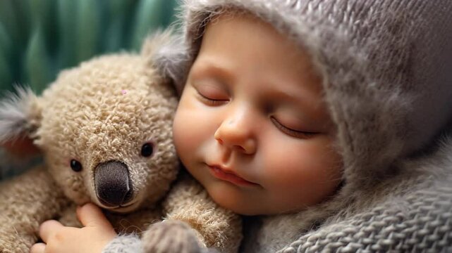 Schlafendes Baby kuschelt eng mit einem Koala