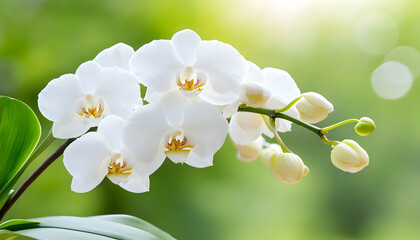 Beautiful white orchid blossoms in a garden setting