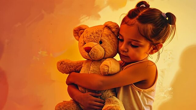 M&auml;dchen h&auml;lt ihren Teddyb&auml;ren fest und schaut traurig