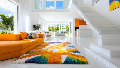 Bright, modern interior with orange sofa, colorful rug, white stairs, and sunlit dining