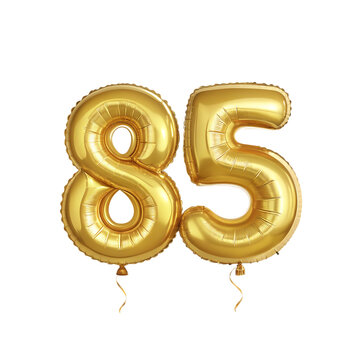 Shiny 85 Gold Number Balloon, Celebratory Foil Balloon Decoration. isolated on transparent background Helium balloons font