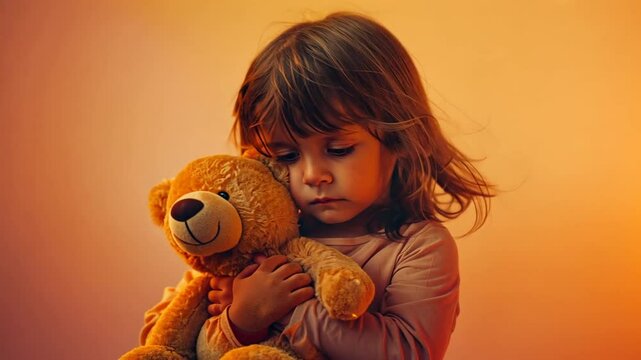 M&auml;dchen h&auml;lt traurig einen Teddyb&auml;r in warmem Licht