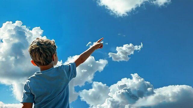 Junge zeigt mit Freude auf den Himmel