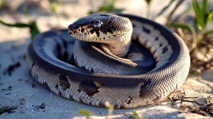 Fototapeta premium Close up view of the sleek Round Island Burrowing Boa Bolyeria multocarinata extinct coiled on sandy ground with sparse vegetation and glowing under soft sunlight