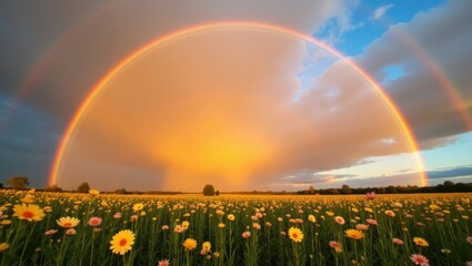 Naklejka premium Double Rainbow Over Flower Field