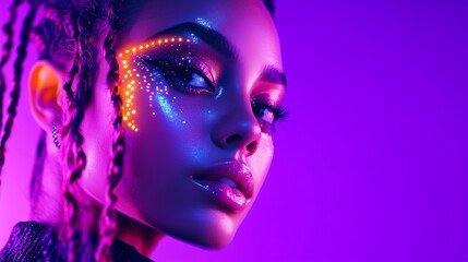 Obraz premium UV body art, neon makeup, blacklight photography, glow-in-the-dark, body painting, festival face paint, ultraviolet aesthetics