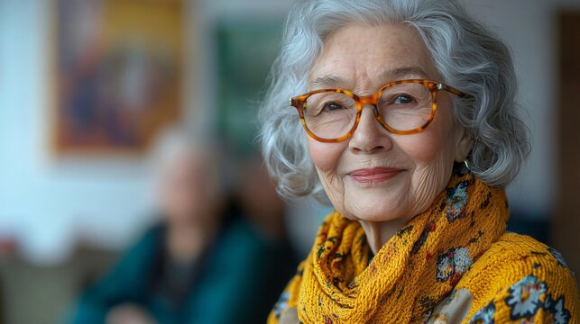 Joyful elderly woman in a colorful setting, ideal for promoting senior community events, fairs, and gatherings that celebrate the vibrancy of life.