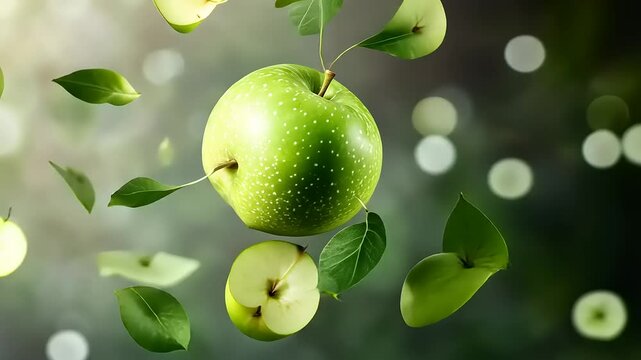 A vibrant green apple surrounded by slices and leaves, emphasizing freshness and health.