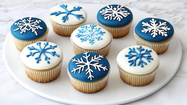 Delicious snowflake-themed cupcakes on a white plate, perfect for winter celebrations.