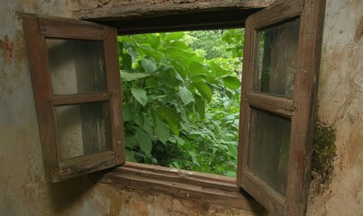 Weathered Wooden Window Framing Lush Green Foliage