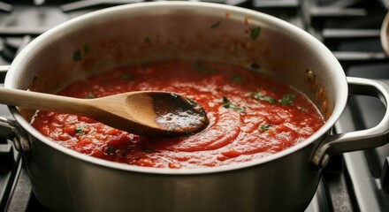 Stainless steel pot with red tomato sauce being stirred wooden spoon on stove