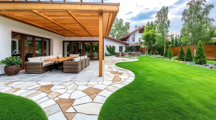 Obraz premium Modern backyard patio with green lawn and stylish furniture, perfect for relaxation.