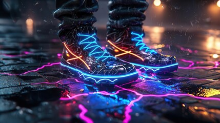 Futuristic sneakers with neon lights on a wet street surface at night.