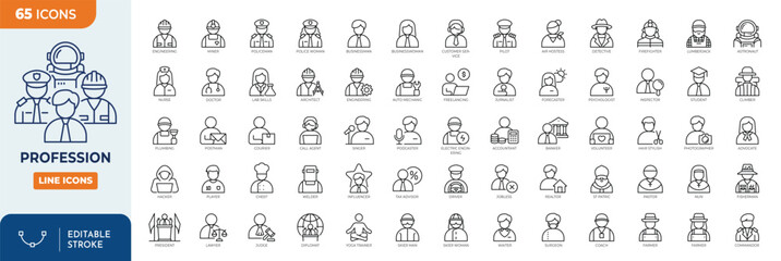 Professions icon set. Containing Career people, People avatars, characters staff, professions, people profession, and more. Outline Icon Collection. Vector illustration. Editable stroke	