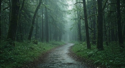 Fototapeta premium Misty forest path surrounded by lush greenery on a rainy morning 