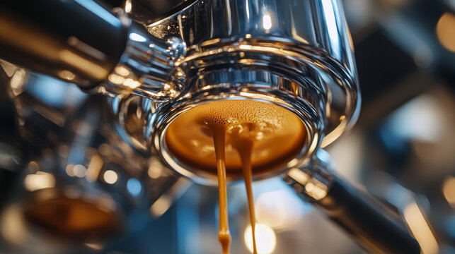 Close-up of espresso machine brewing fresh coffee shot