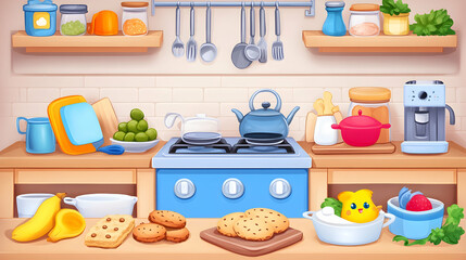 Colorful kitchen scene with various food and cooking utensils