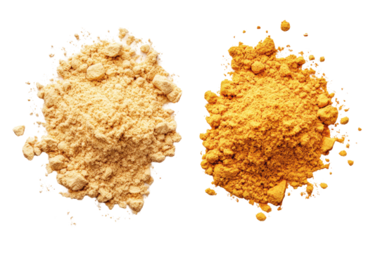 Two piles of light and dark spice powders on transparent background