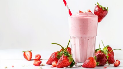 A delicious-looking strawberry milk shake is presented against a clean white background in a PNG format with a transparent effect. The rich pink color of the strawberry milk shake stands out vividly