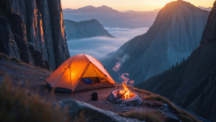 Mountain Camping Scene Sunset Tent Fire Landscape