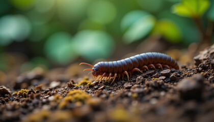 Obraz premium A Millipedes Journey Across Rich Dark Soil In A Sun-dappled Forest, Showcasing Its Segmented Body And Countless Legs In A Close-up Shot