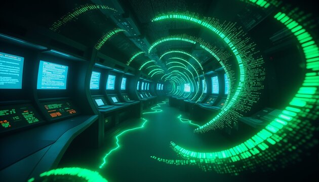 Dark space station control room with glowing neon-green spirals, fractal binary code, holographic screens displaying cryptic messages.