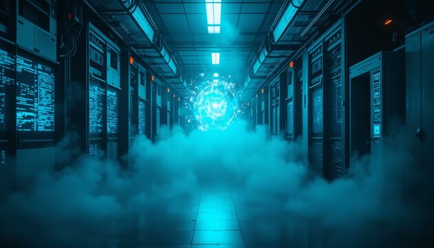 Abandoned data storage, iridescent blue mist, shimmering silver aura, holographic consoles, dimly lit corridors, metallic walls, abandoned technology, futuristic setting, digital droplets, slowly diss