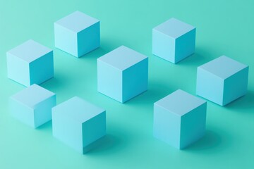 Abstract pastel blue cubes on turquoise background.